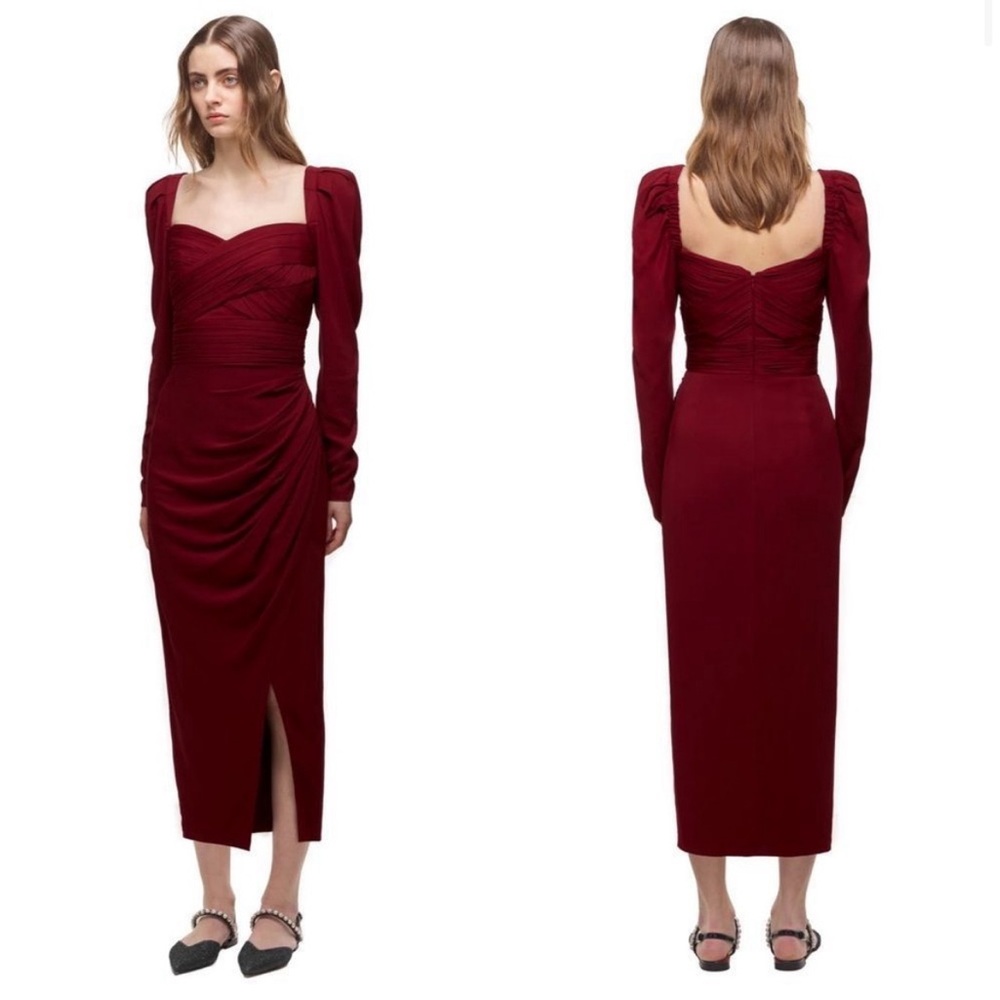 SELF PORTRAIT, BURGUNDY IRIS WRAP MIDI DRESS